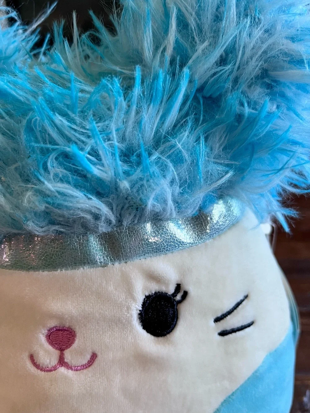 KellyToy Squishmellow Cora Calico Cat Squish-Doos Blue /White Fluffy Ears 10”NWT